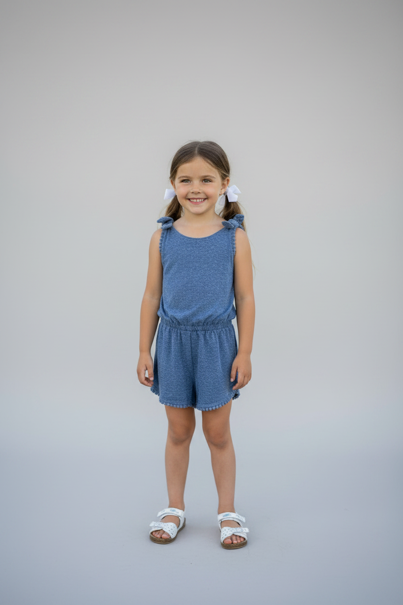 A pair of blue denim shorts for girls, displayed on a white hanger, with a tag indicating the size as 0000.