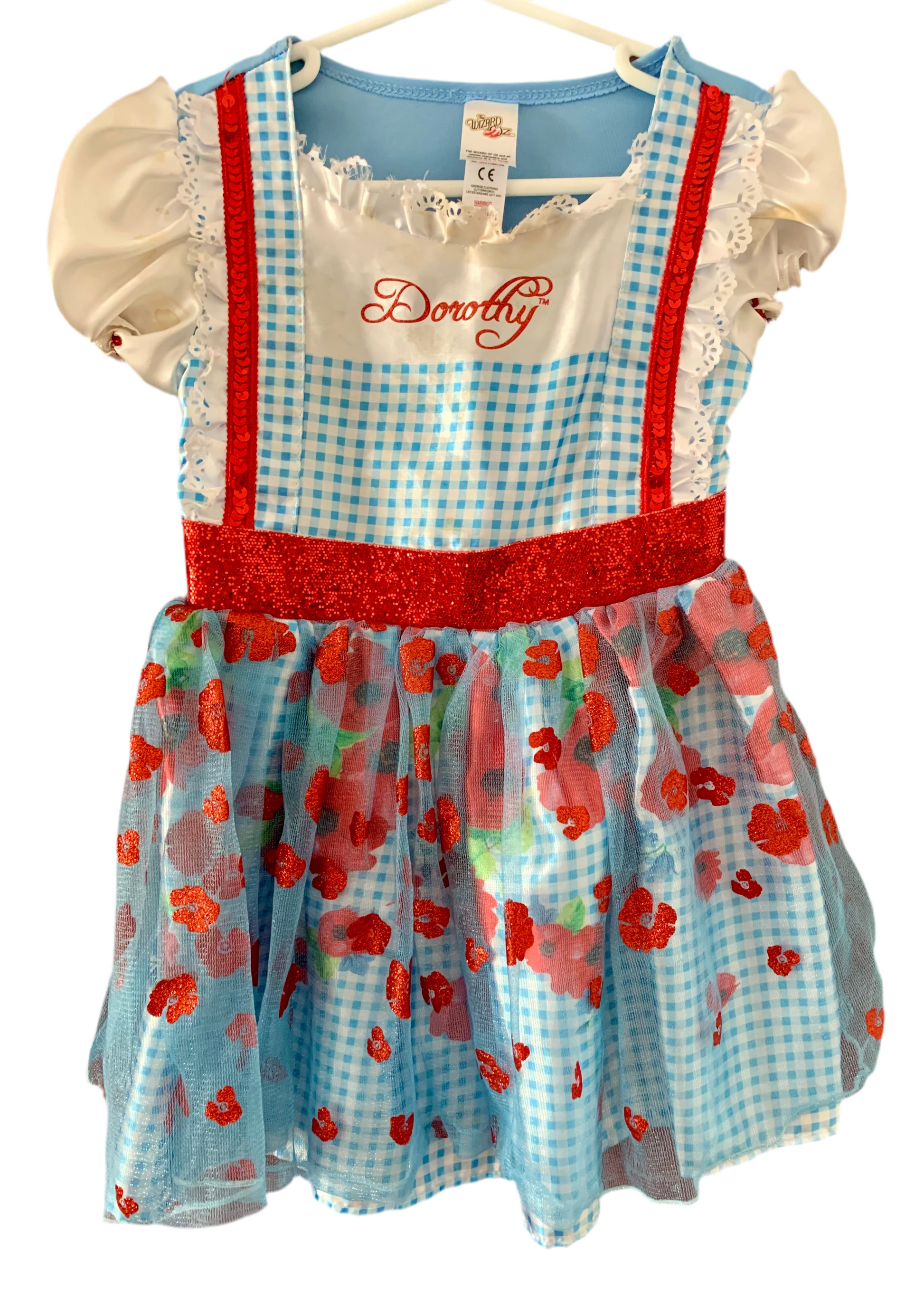A girl's fancy dress featuring a blue and white checkered pattern with red trim and a bow, designed to resemble the character Dorothy from The Wizard of Oz.
