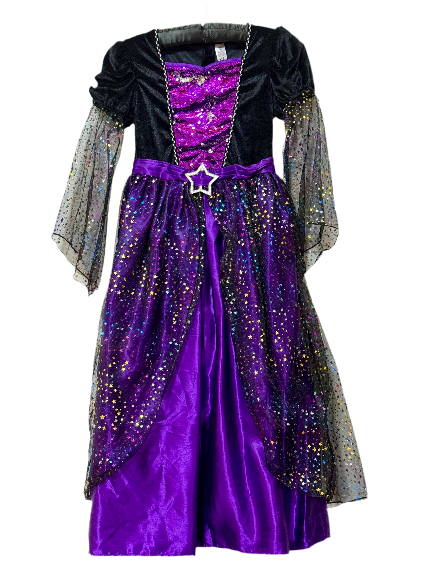 Halloween magical queen purple dress costume dress with golden sprakling stars  for 9 years old