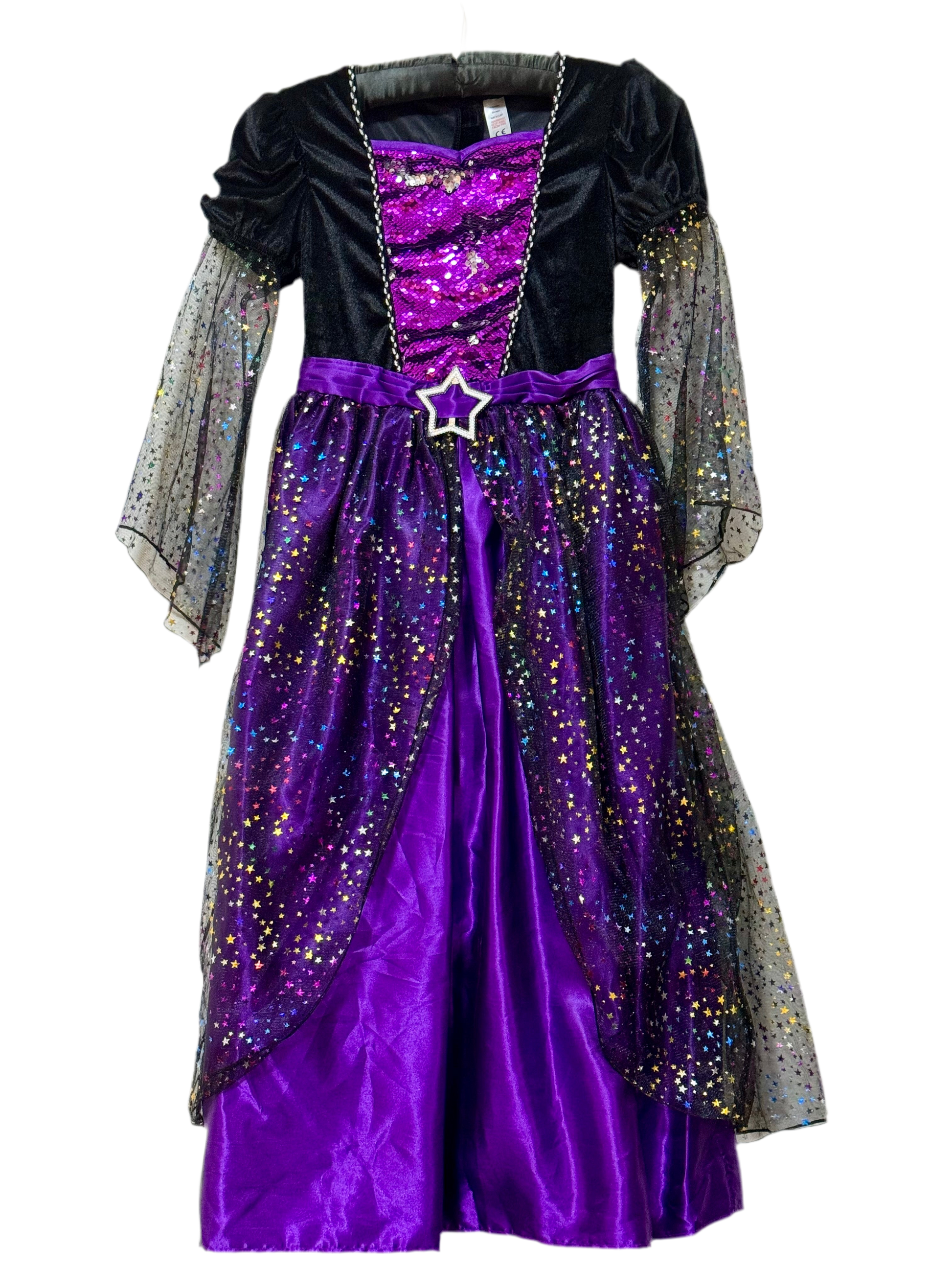 Halloween magical queen purple dress costume dress with golden sprakling stars  for 9 years old