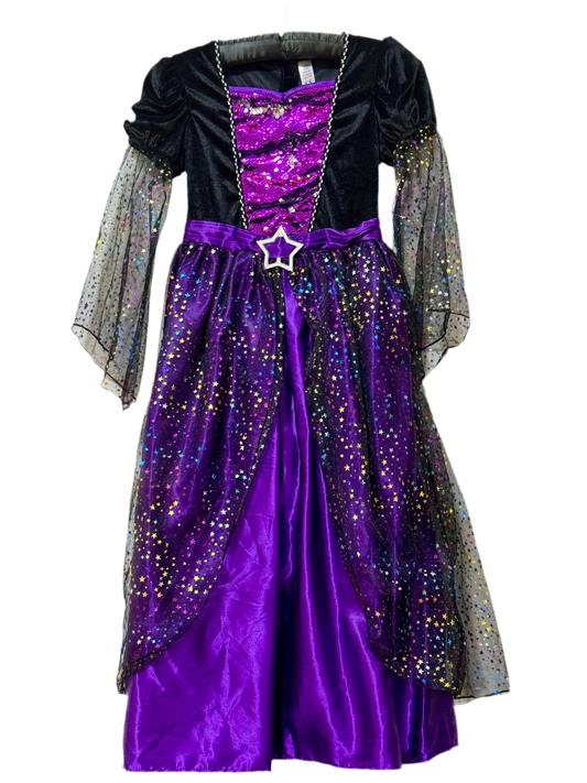 Halloween magical queen purple dress costume dress with golden sprakling stars  for 9 years old