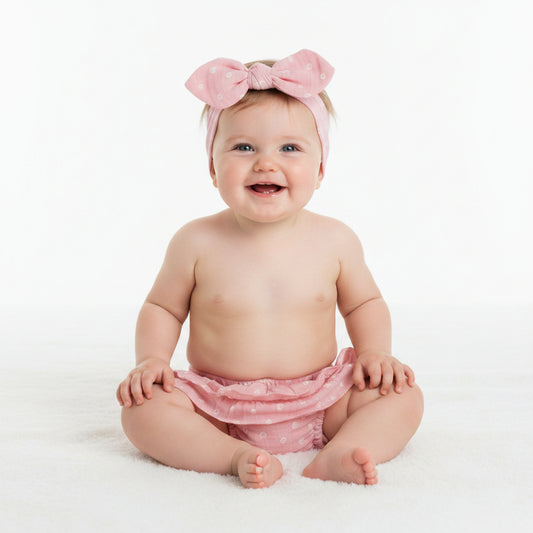baby girl in a pink bloomer and headband set