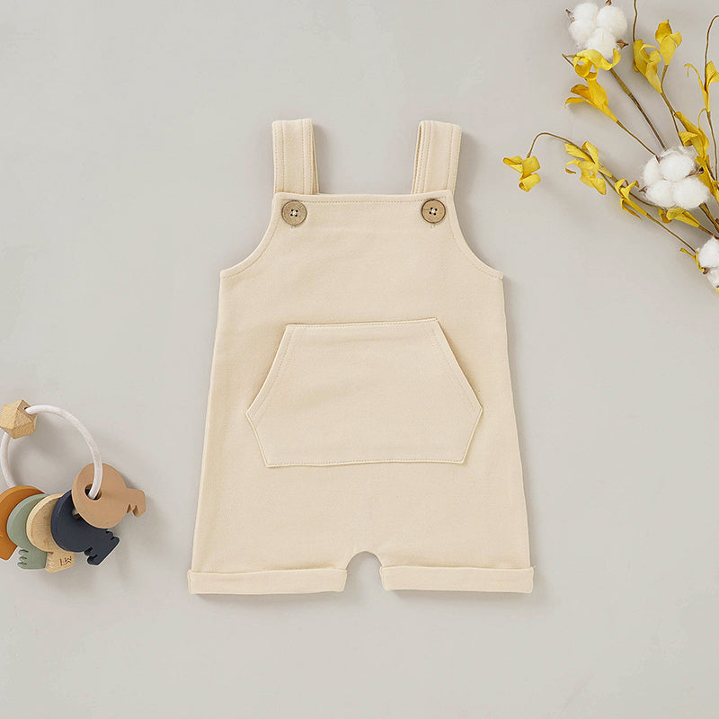 Baby is wearing French Terry overall layered with short sleeve shirt. French Terry Overalls featuring stylish buttons and a front pocket.